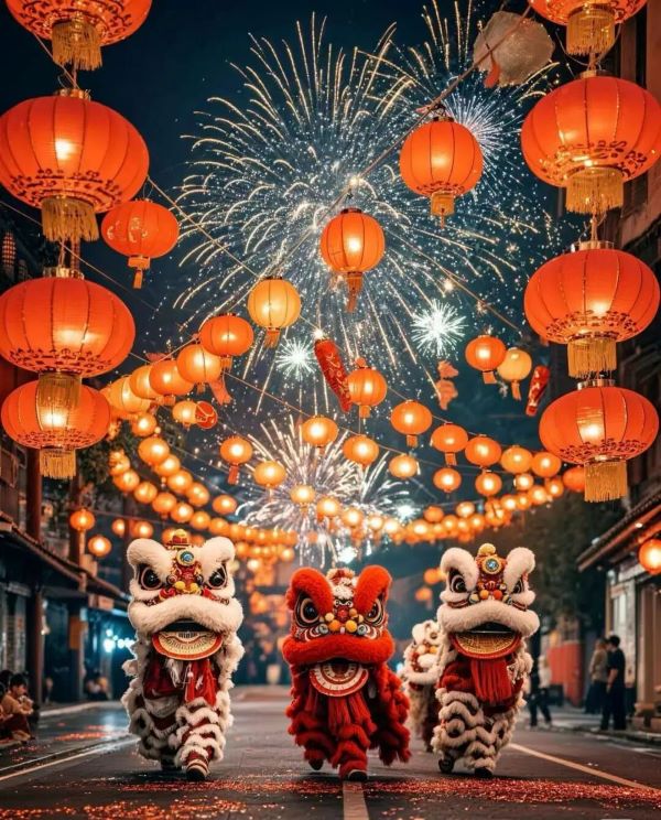 傳說猛獸「年」在寒冬糧食不足時會侵擾村莊,後來人們發現牠害怕紅色、火光與巨大聲響,於是貼紅紙、掛燈籠、燃火、敲鑼打鼓。圖/AI繪圖