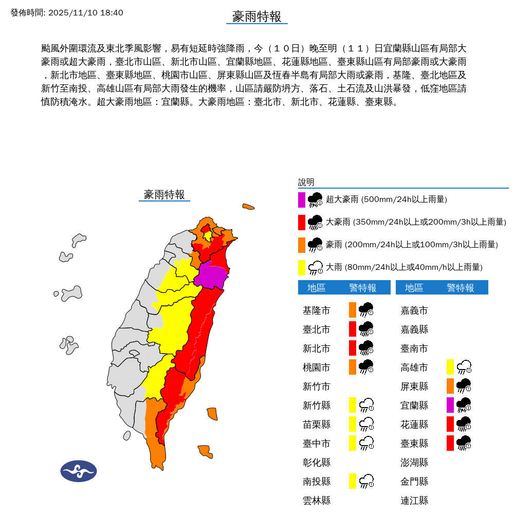 氣象署發布豪雨特報。圖/取自中央氣象署