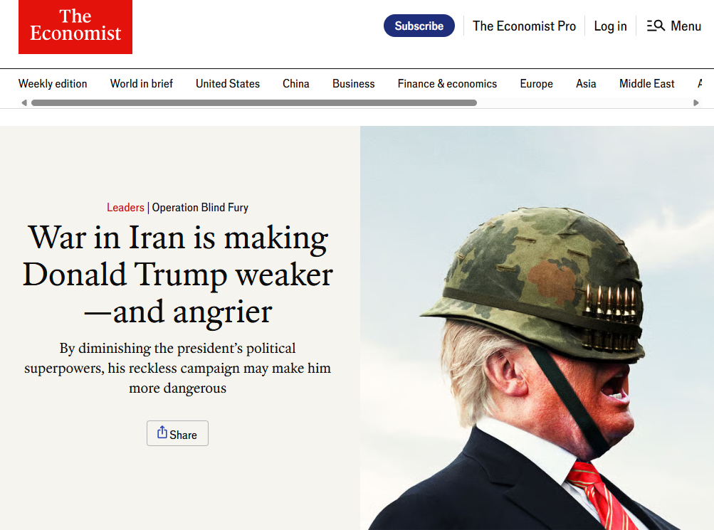 最新一期《經濟學人》以封面文章探討川普發動對伊朗軍事攻擊可能的後果，認為將削弱川普能力，並讓他變得更危險。圖／截自《經濟學人》