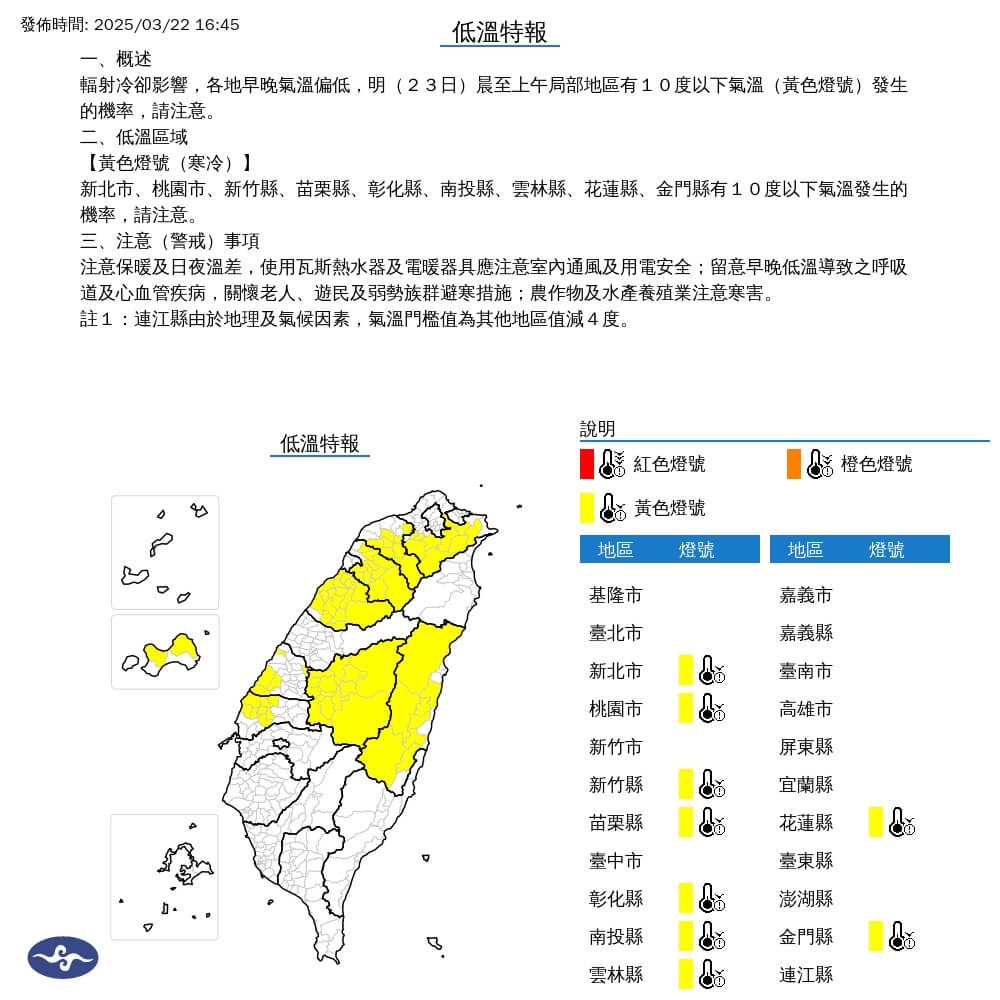 氣象署針對全台9縣市發布低溫特報。圖/取自中央氣象署