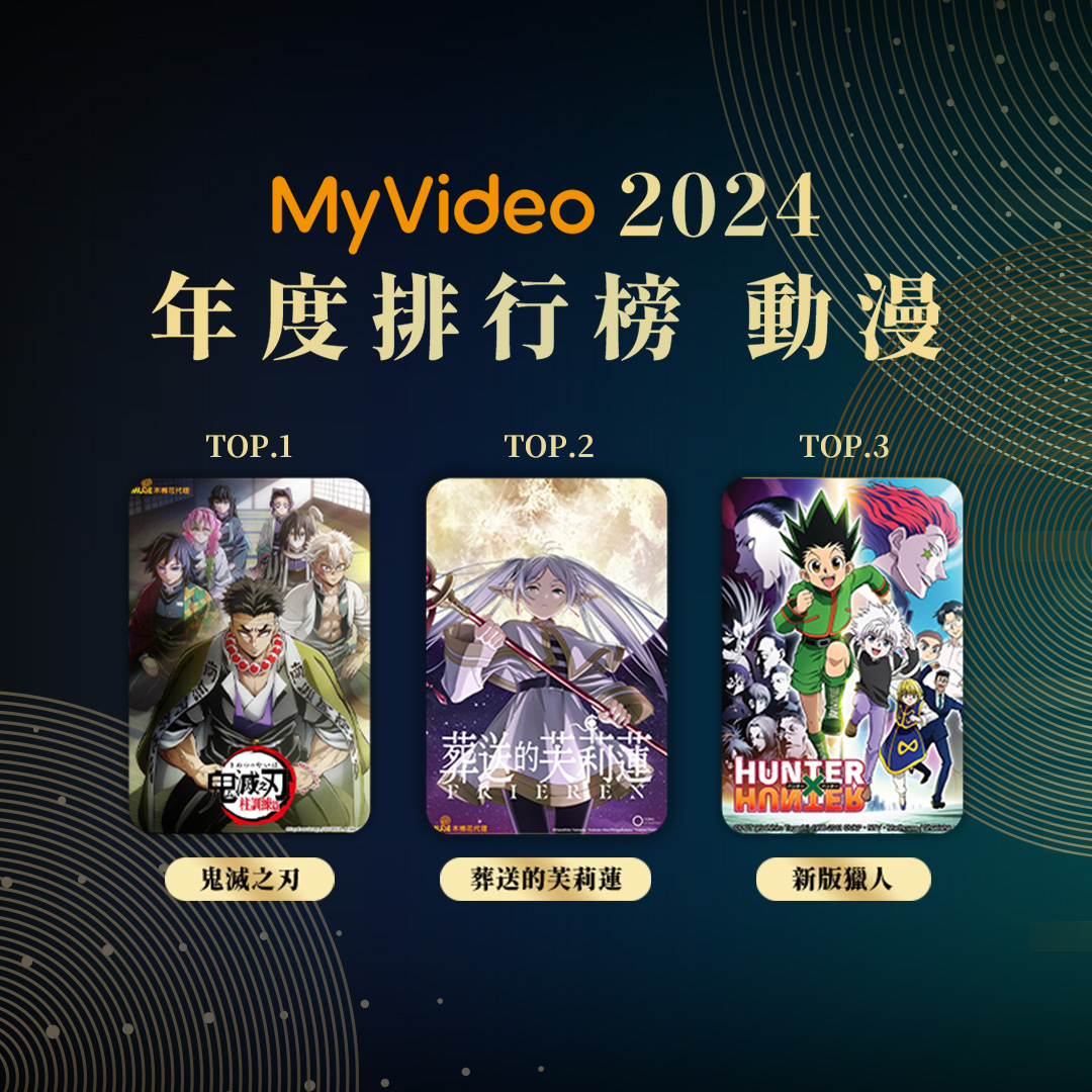 MyVideo 2024年度動漫排行榜TOP 3分別是《鬼滅之刃：柱訓練篇》、《葬送的芙莉蓮》與《新版獵人》。圖/台灣大哥大MyVideo提供