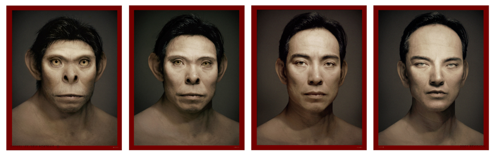 李小鏡的〈自畫像〉，呈現4幅自拍像從猿猴漸變人類，再向未來人形貌演進歷程。具現人類對自身起源演化、獸性淵源等反思。李小鏡，〈自畫像〉，1997，藝術家授權。圖/國家攝影文化中心提供