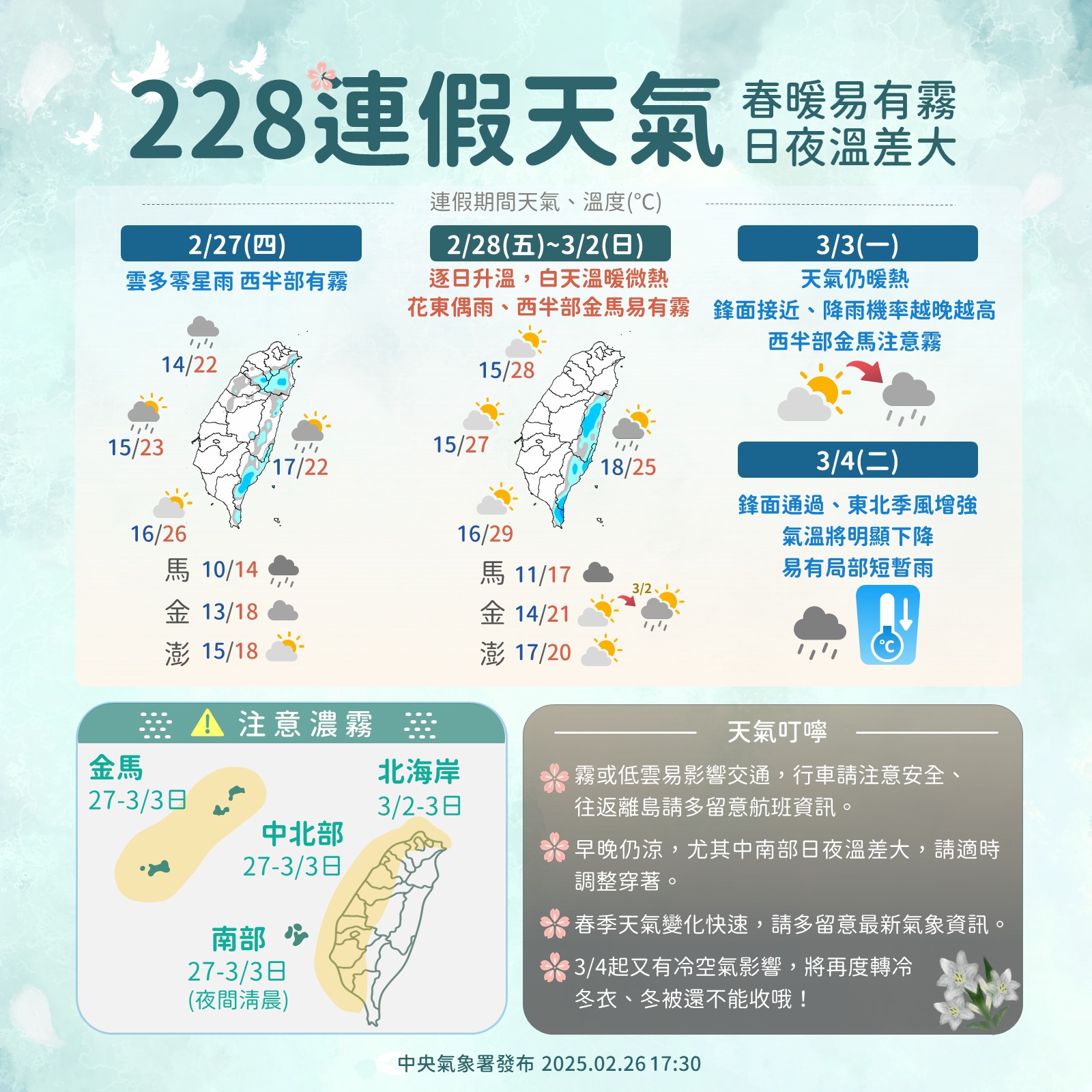 228連假天氣趨勢。圖/取自中央氣象署