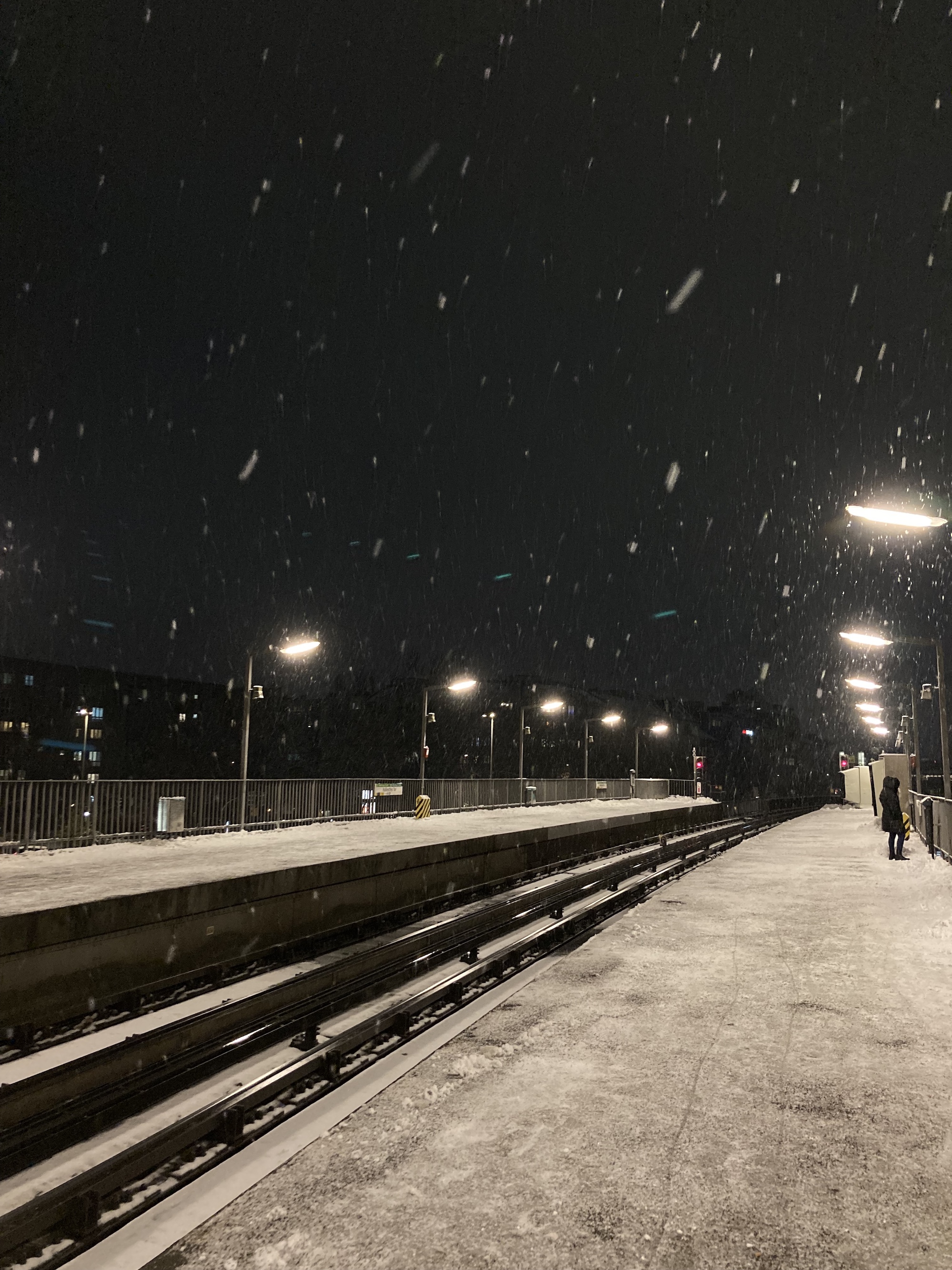 雪花紛飛的月台。圖/張仲嫣攝