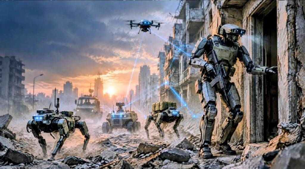 路透社等外媒近期密集炒作中國人形機器人即將參戰新聞，解放軍的確配備了人形機器人，西方國家也有。（AI圖／台灣國際戰略學會提供）