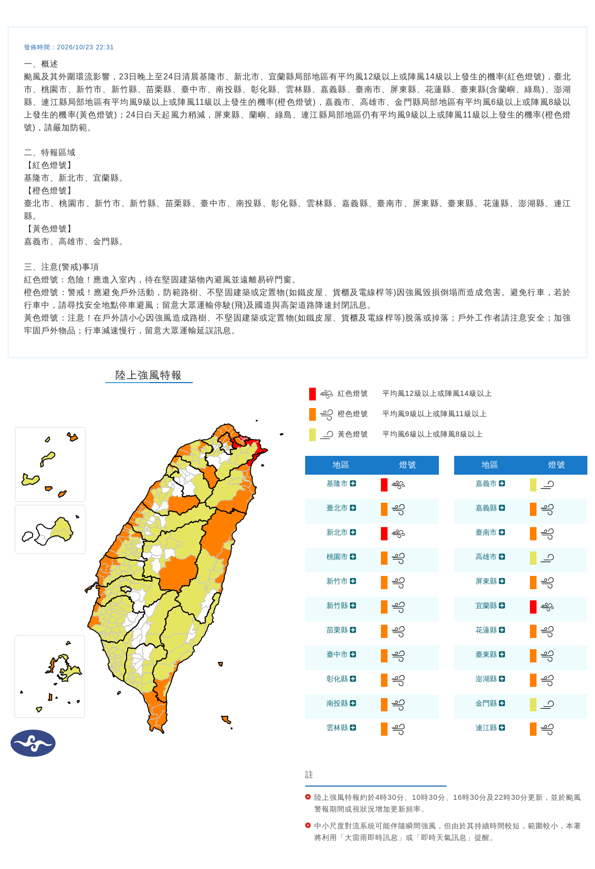 氣象署發布陸上強風特報。圖/取自中央氣象署
