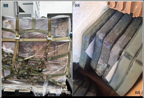 美國供台灣的軍備遭到水損，從包裝上已見可看到潮濕發霉的狀況。圖中物品包括防彈板，已於2023年12月底運到台灣。圖/翻攝自美國國防部監察長報告