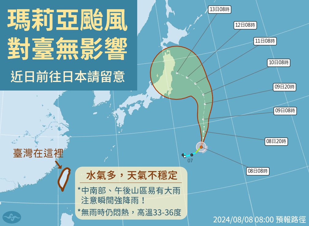 瑪莉亞颱風預測路徑。圖/取自中央氣象署