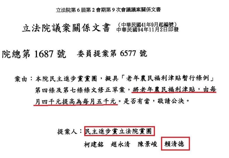 民眾黨立委張啟楷指出，行政院若要對禁伐補償條例提出釋憲，那麼當年民進黨立委提出的提高老農津貼也應一併送交憲法法庭審查。圖/取自黃國昌臉書