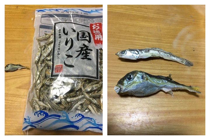 需回收的小魚乾包裝（左），與包裝中混入的小河豚乾（右圖下）。圖/取自迷状況bot官方《推特》