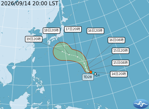 熱帶性低氣壓TD28預測路徑。圖/取自中央氣象署