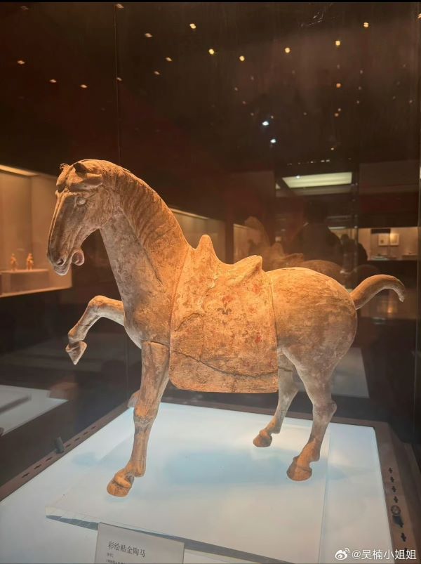 河南洛陽博物館的唐代彩繪貼金陶馬,未傾倒前的模樣。圖/取自吳楠小姐姐微信