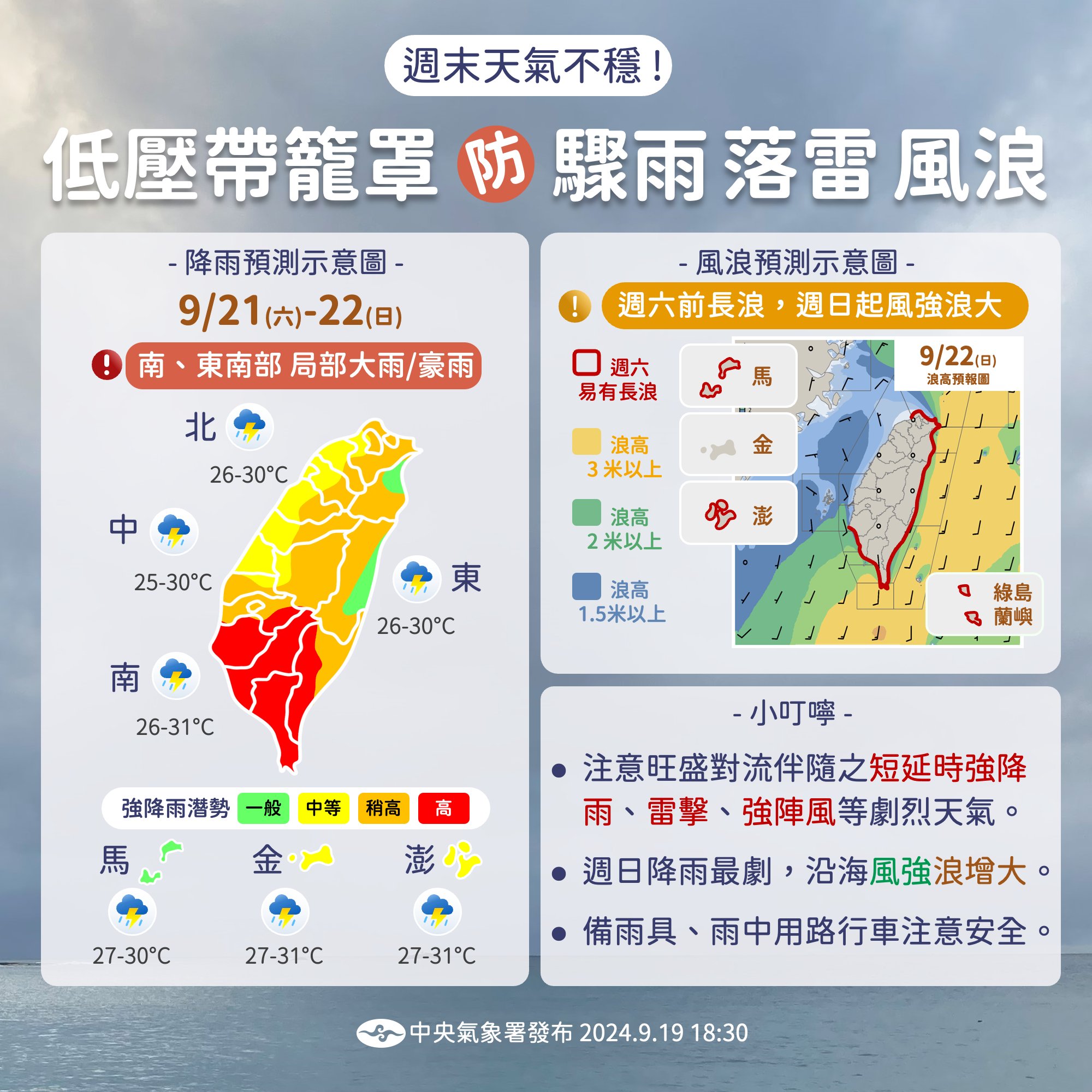 低氣壓籠罩，周末天氣不穩定。圖/取自中央氣象署