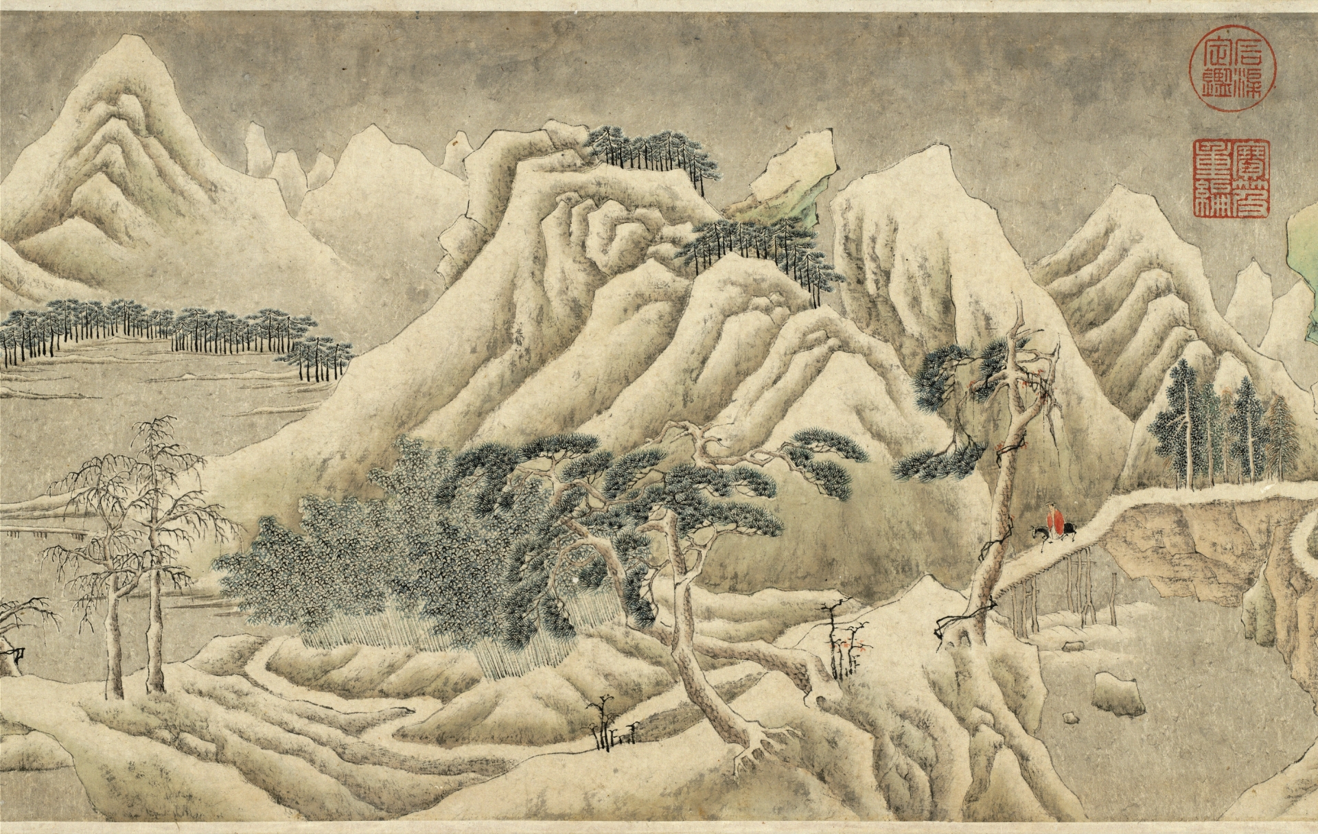 故宮北院展出國寶〈明 文徵明 關山積雪圖〉（局部）。圖/故宮提供