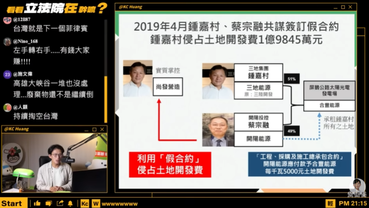 民眾黨立委黃國昌抨擊,鍾嘉村與蔡宗融雖被起訴,但檢方以《證交法》起訴,完全是大案小辦,嘲諷檢方懂得設停損點。圖/取自黃國昌YT直播
