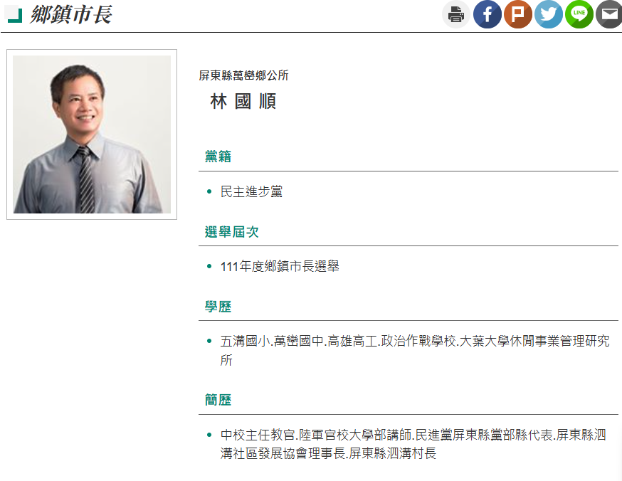 圖為屏東鄉長林國順。圖/取自內政部網站