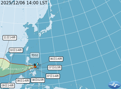 熱帶性低氣壓TD32預測路徑。圖/取自中央氣象署