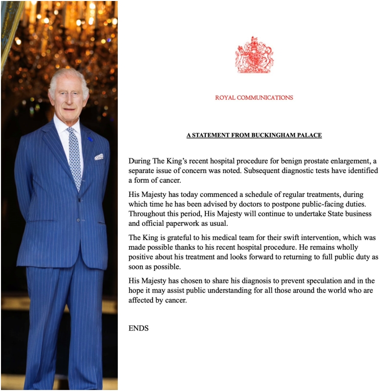 英國白金漢宮5日發表聲明，英王查理斯三世在治療攝護腺肥大期間發現罹癌。圖/取自The Royal Family @RoyalFamily