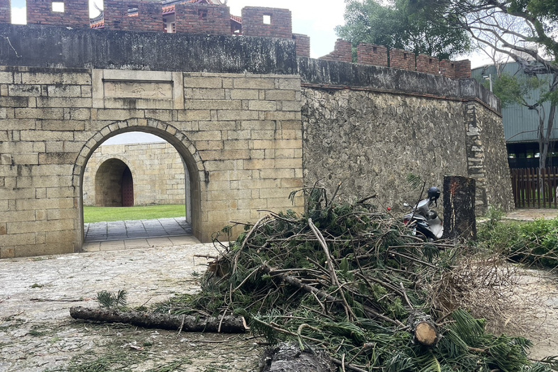 台南市政府工務局發現，南門公園內多株樹木有倒伏風險，在颱風天前夕進行移除時，因作業疏失不造成大南門城右側城垛部分損壞。圖/中央社