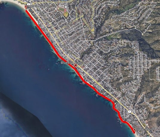 拉古納海灘封閉區域達3.2公里（紅線部份）。圖/取自橘郡健康保健局官方推特