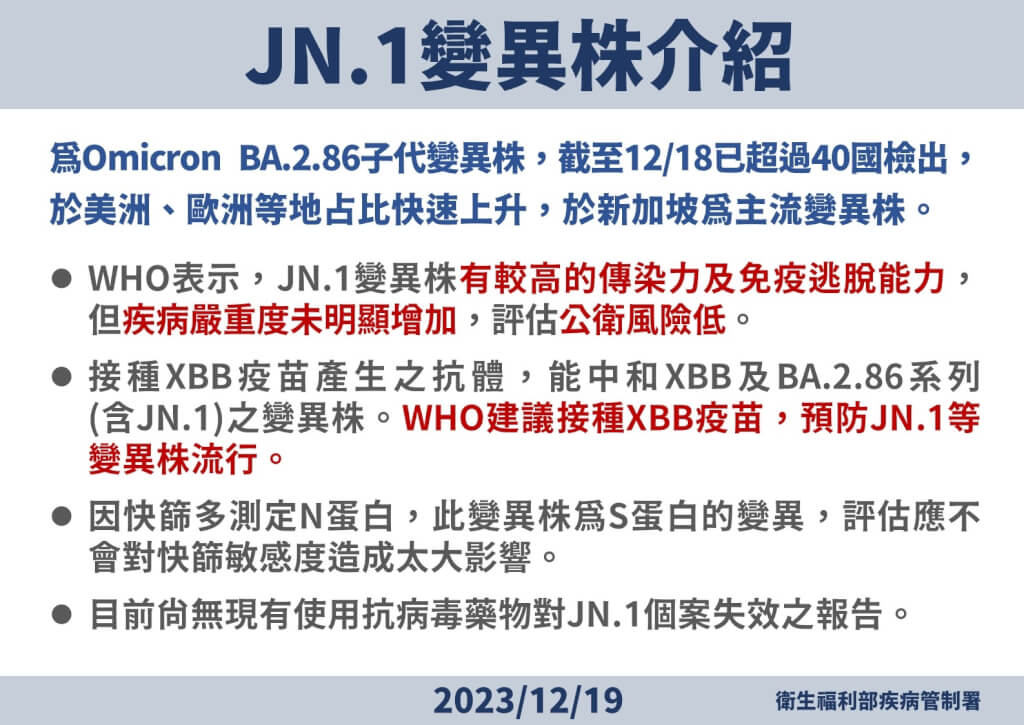 有關JN.1的實用資訊。圖/取自衛福部疾管署官網