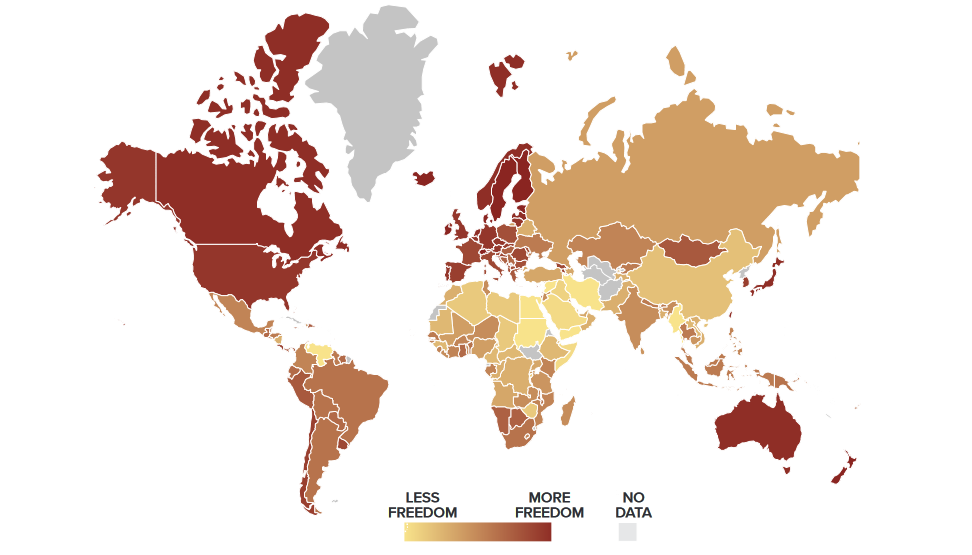 2023《人類自由指數》地圖。圖/取自2023《人類自由指數》報告