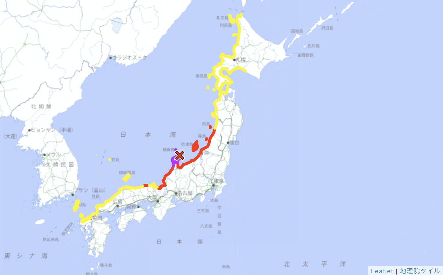 日本氣象廳發布大海嘯警報，紫色為大海嘯警報，紅色為海嘯警報。圖/取自日本氣象廳