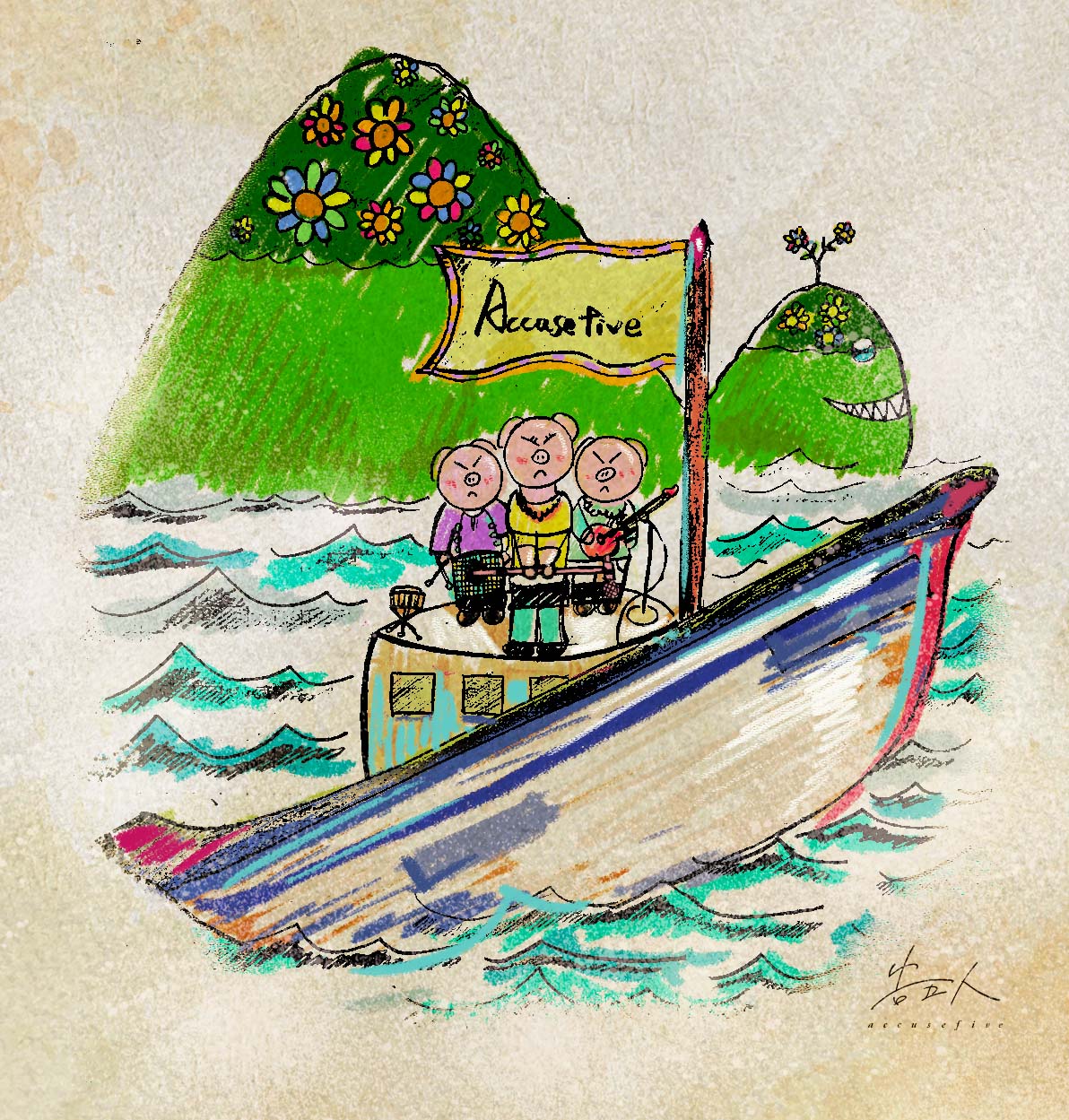 告五人吉祥物告五豬遊龜山島，邀世界各地哈瓜「宜」起回家踩點。圖/相信音樂提供