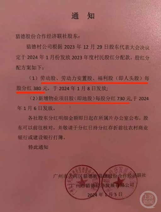 網上流傳今年村中的分紅安排。圖/取自上游新聞