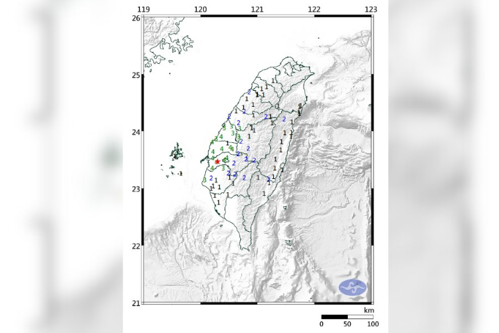 嘉義縣太保市發4級以上有感地震。圖/取自中央氣象局
