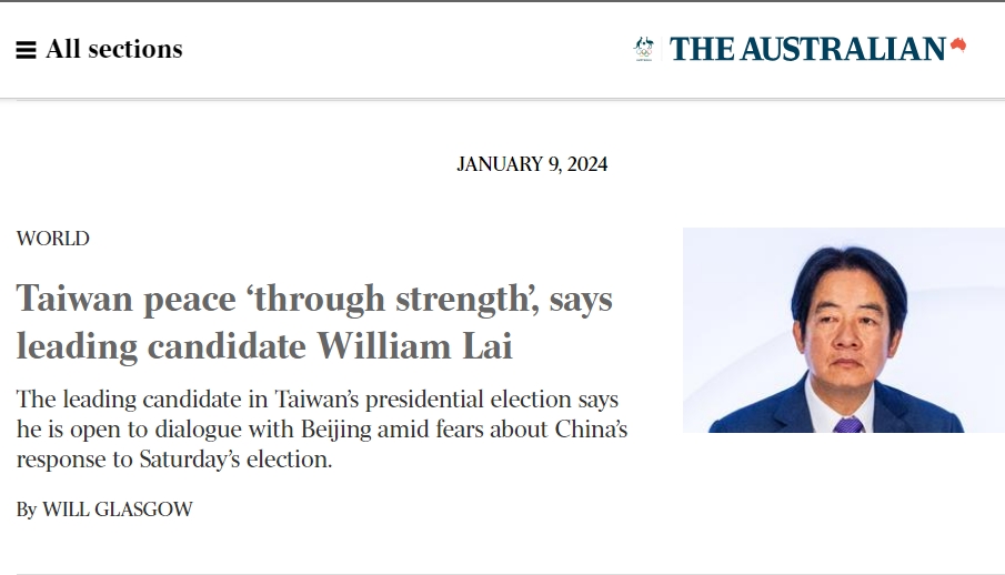 「澳洲人報」頭版刊登賴清德的訪問。報導內文提到，如果賴清德當選，他將準備接受北京的報復。圖／引自The Australian官網