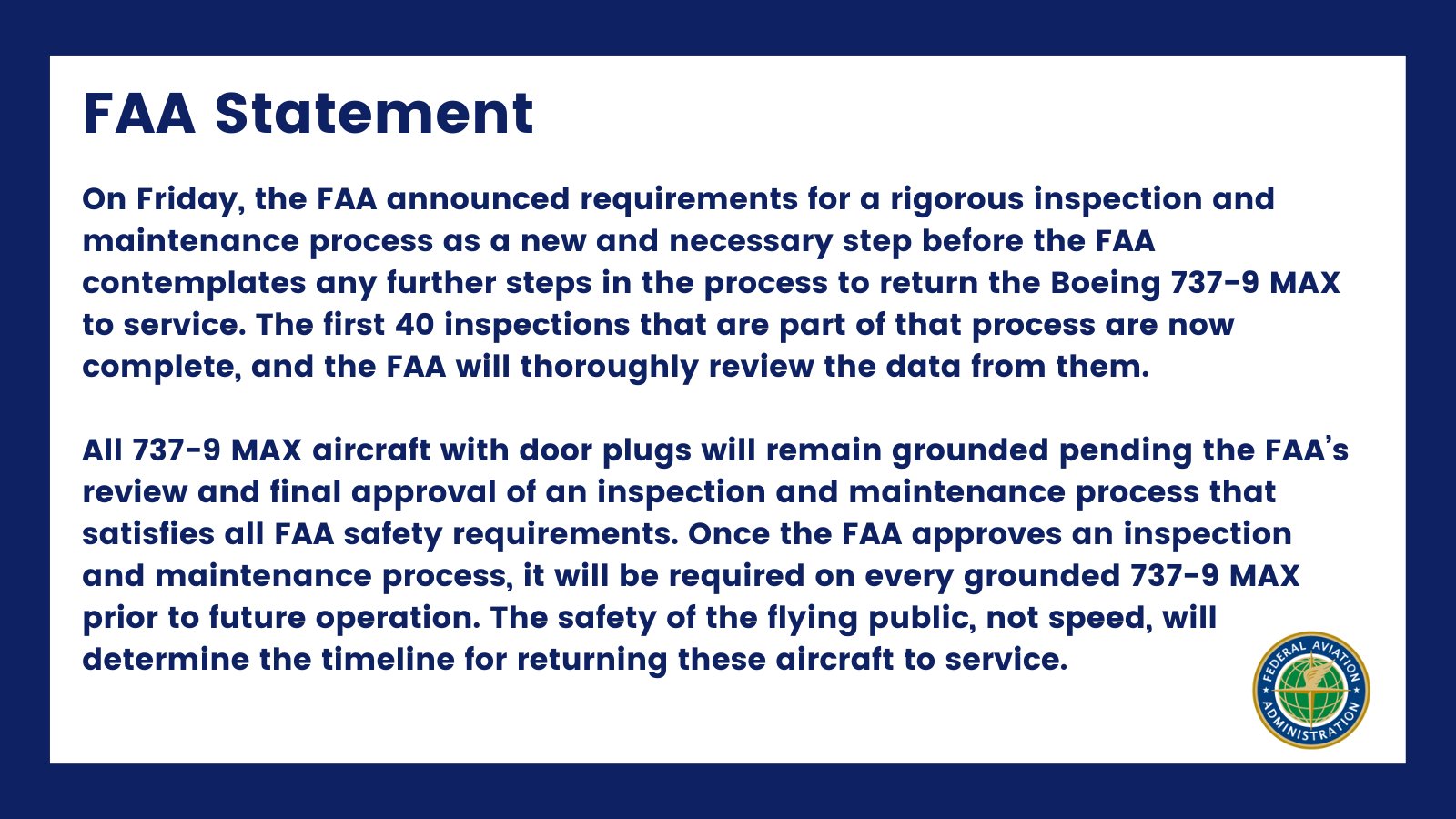 FAA聲明。圖/取自FAA官方《推特》