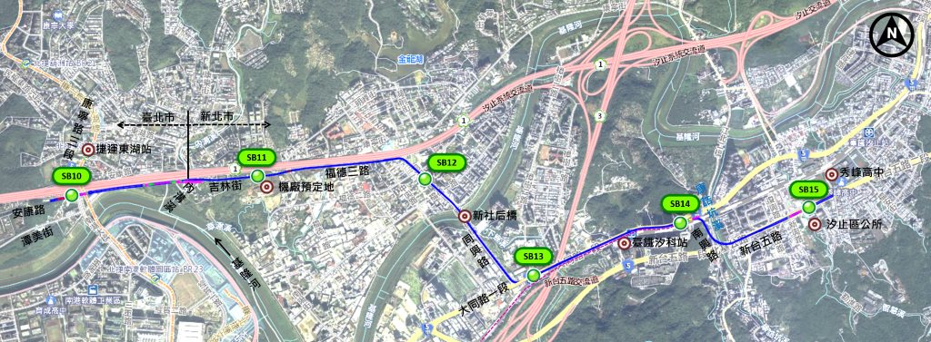 捷運汐止東湖線路線行經內湖蘆洲里、社后設機廠及車站，往東沿大同路一段穿過北二高橋設置SB14站與台鐵汐科站轉乘，南轉康誥坑溪東轉往新台五路至汐止區公所設置終點站。圖/取自新北捷運網站