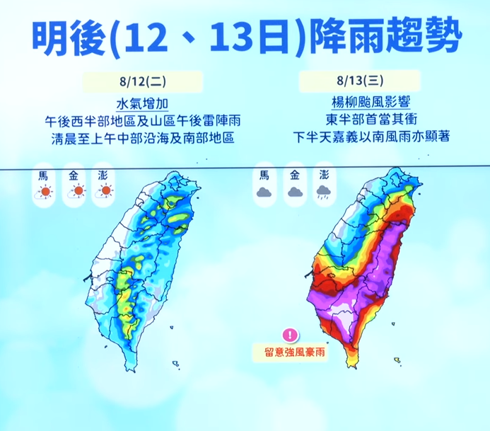 周二、周三降水預測。圖/取自中央氣象署