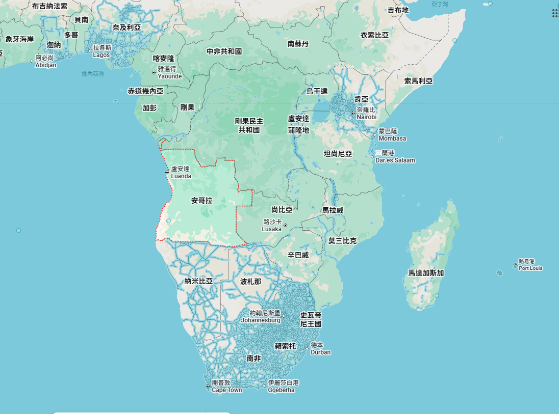 安哥拉位在非洲西南角,中美勢力在此競爭激烈。圖/取自Google Map