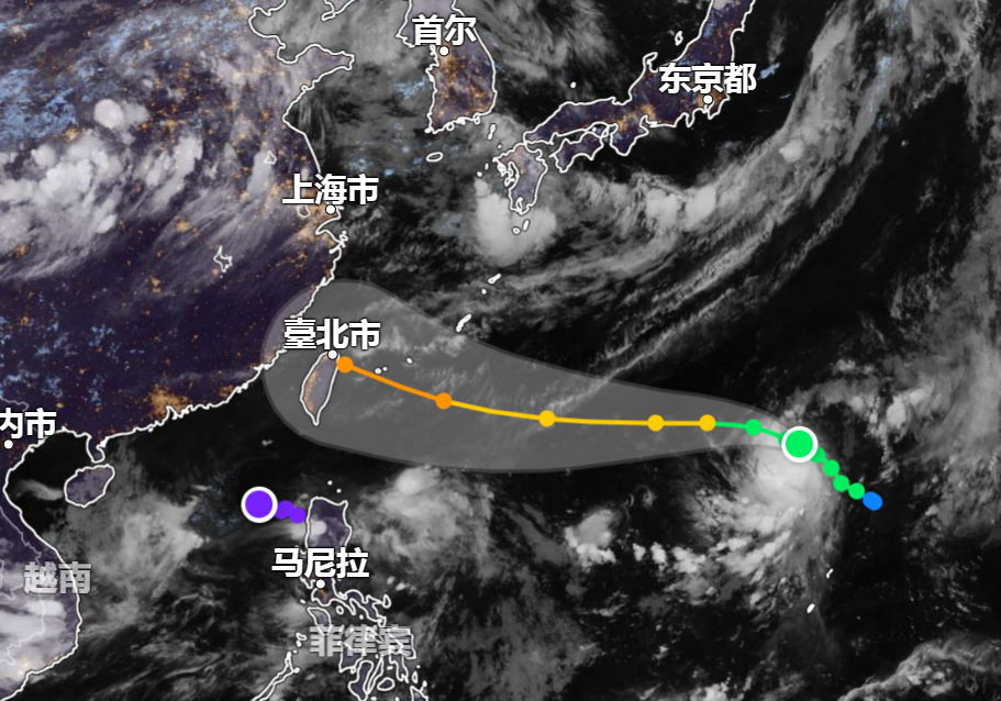 楊柳颱風行進趨勢。圖/取自Zoom Earth - 太平洋即時衛星影像官方網站