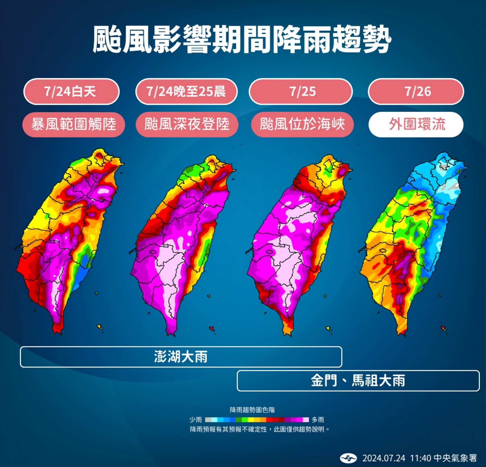 氣象署說明凱米颱風來襲期間降雨趨勢。圖/取自氣象署