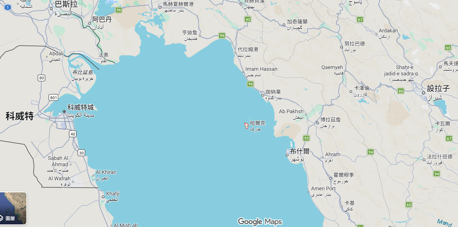 哈格島位於伊朗西邊波斯灣內海，是伊朗石油設施的重要基地。圖中的哈爾克島即哈格島。圖／取自Google Maps