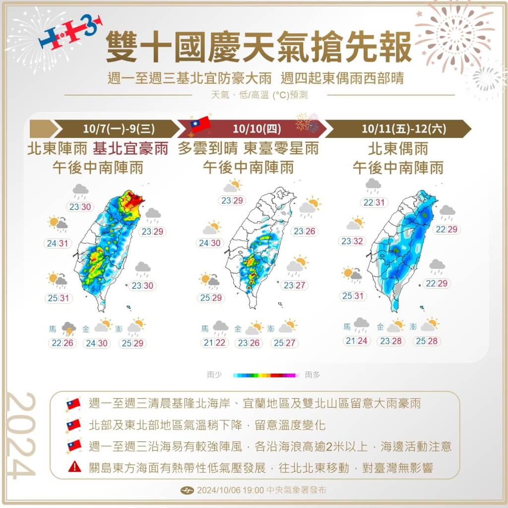 雙十國慶天氣搶先報。圖/取自中央氣象署