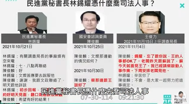 網路社群近日瘋傳疑似前民進黨秘書長林錫耀透過Telegram與前法務部長蔡清祥、時任國安會諮詢委員陳俊麟討論檢察人事對話紀錄。圖/取自黃國昌YT頻道
