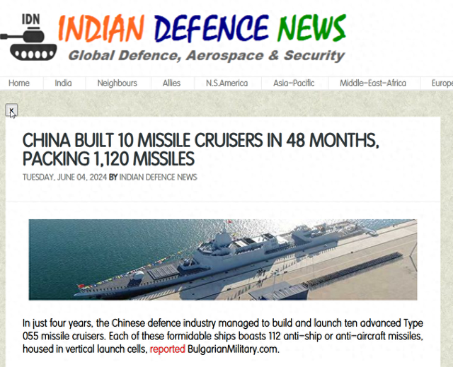 中國在48個月內建造了10艘飛彈巡洋艦， 裝載了1120枚飛彈。圖/截自《印度國防新聞》