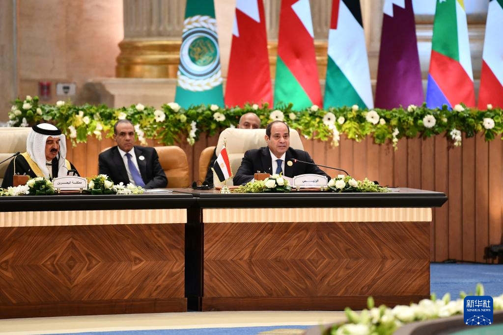 埃及總統塞西（前右）在埃及首都召開的阿拉伯聯盟緊急峰會上講話。圖/取自新華社