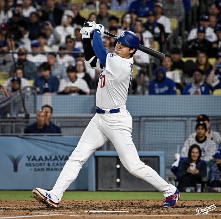 大谷翔平5月首轟，終結連續12場、53打席無全壘打紀錄。圖/取自道奇IG