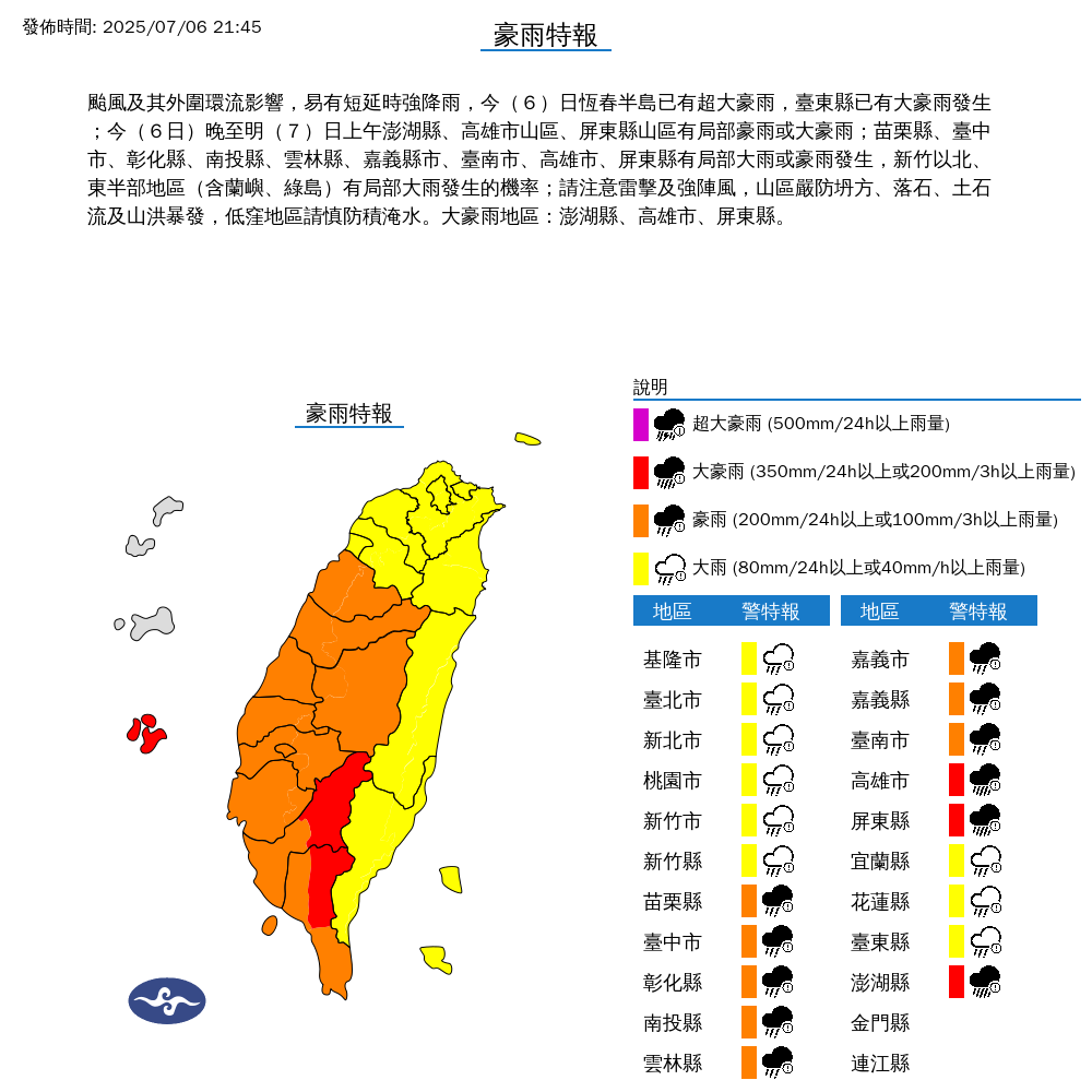 氣象署發布豪大雨特報。圖/取自中央氣象署