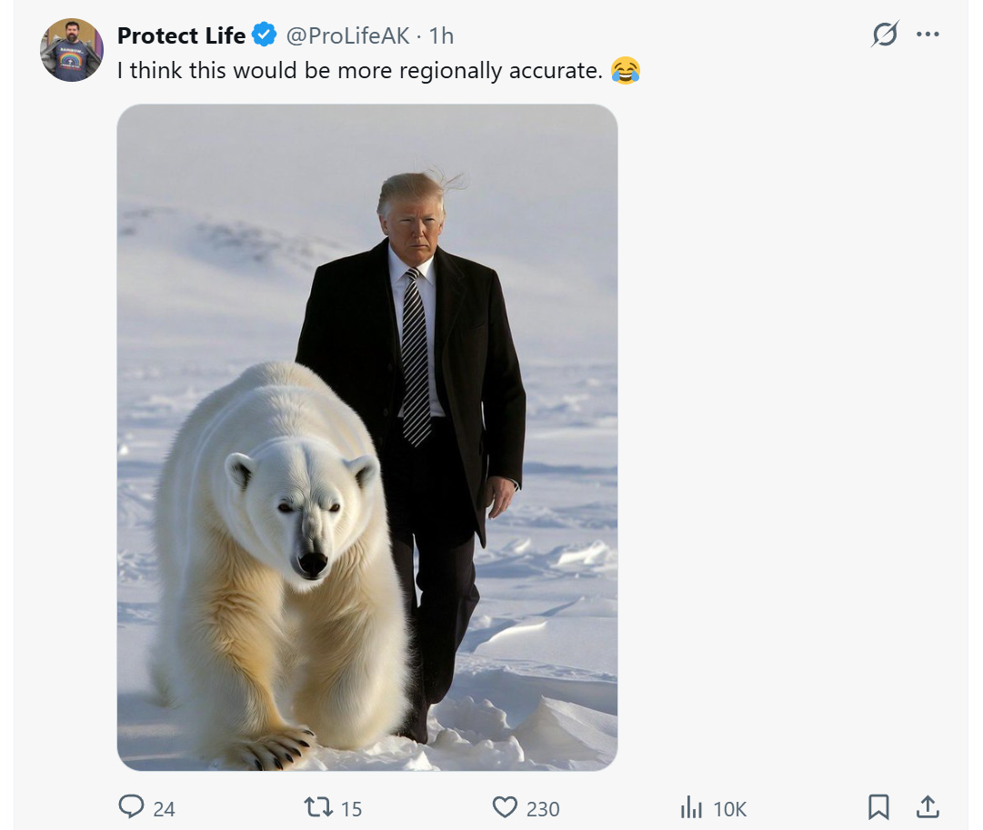 外國網友貼出川普牽著北極熊雪中散步的合成圖。圖/取自Protect Life