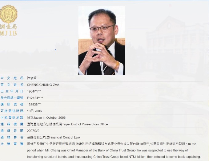 辜仲諒的前妹婿陳俊哲遭我國調查局通緝。圖/取自調查局官網