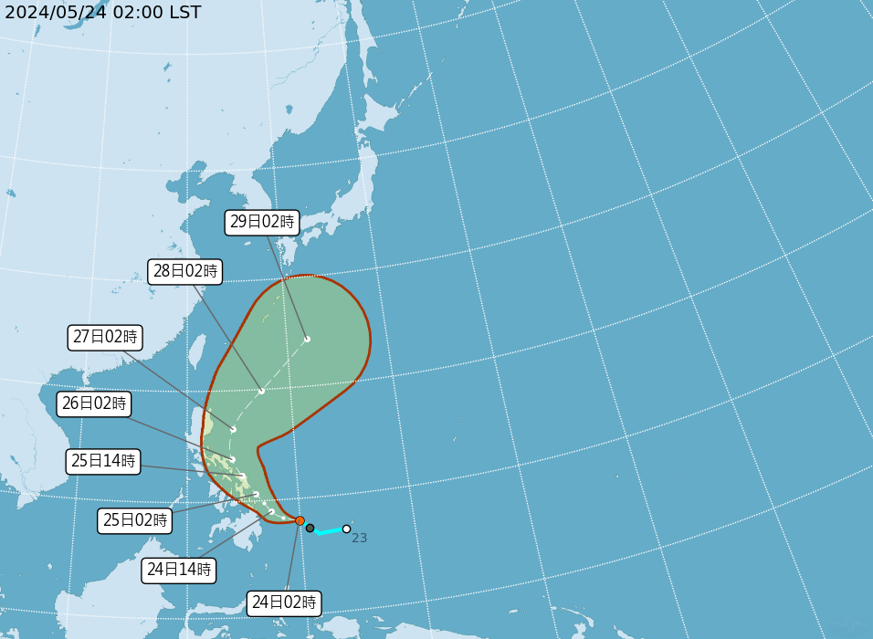 今年首個熱帶性低氣壓可能會在今晚形成輕度颱風「艾維尼」。圖/取自中央氣象署