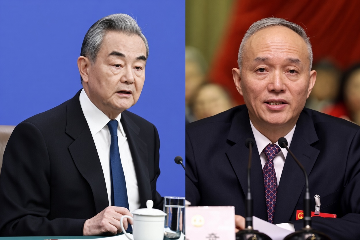 與習近平夫妻隨行赴美的中共高官包括政治局常委暨習辦主任蔡奇(右)、政治局委員暨外交部長王毅(左)。圖/取自中新網