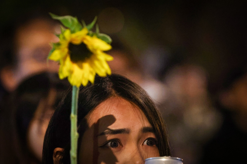 太陽花學運10年後留下更多無解的問題，圖為台灣經濟民主連合18日發起的晚會活動，民眾手持太陽花齊聚台北街頭。中央社