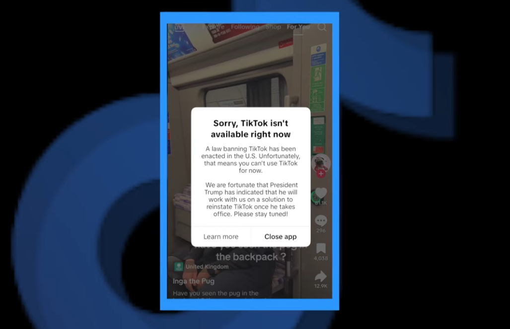 TikTok在18日晚間向用戶發出通知，並從蘋果、Google等應用商店下架。圖/翻攝自KMTV 3 News Now YouTube頻道